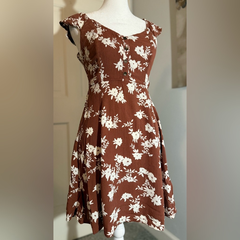 BILLABONG Forever Yours Mini Dress Brown White Floral Flutter Sleeves Women’s XS